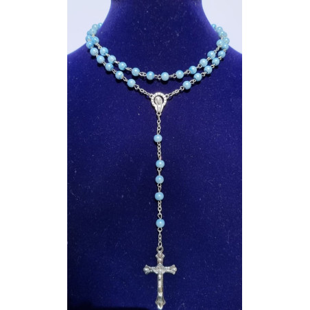 Terço de Perolas em Vidro Azul Claro